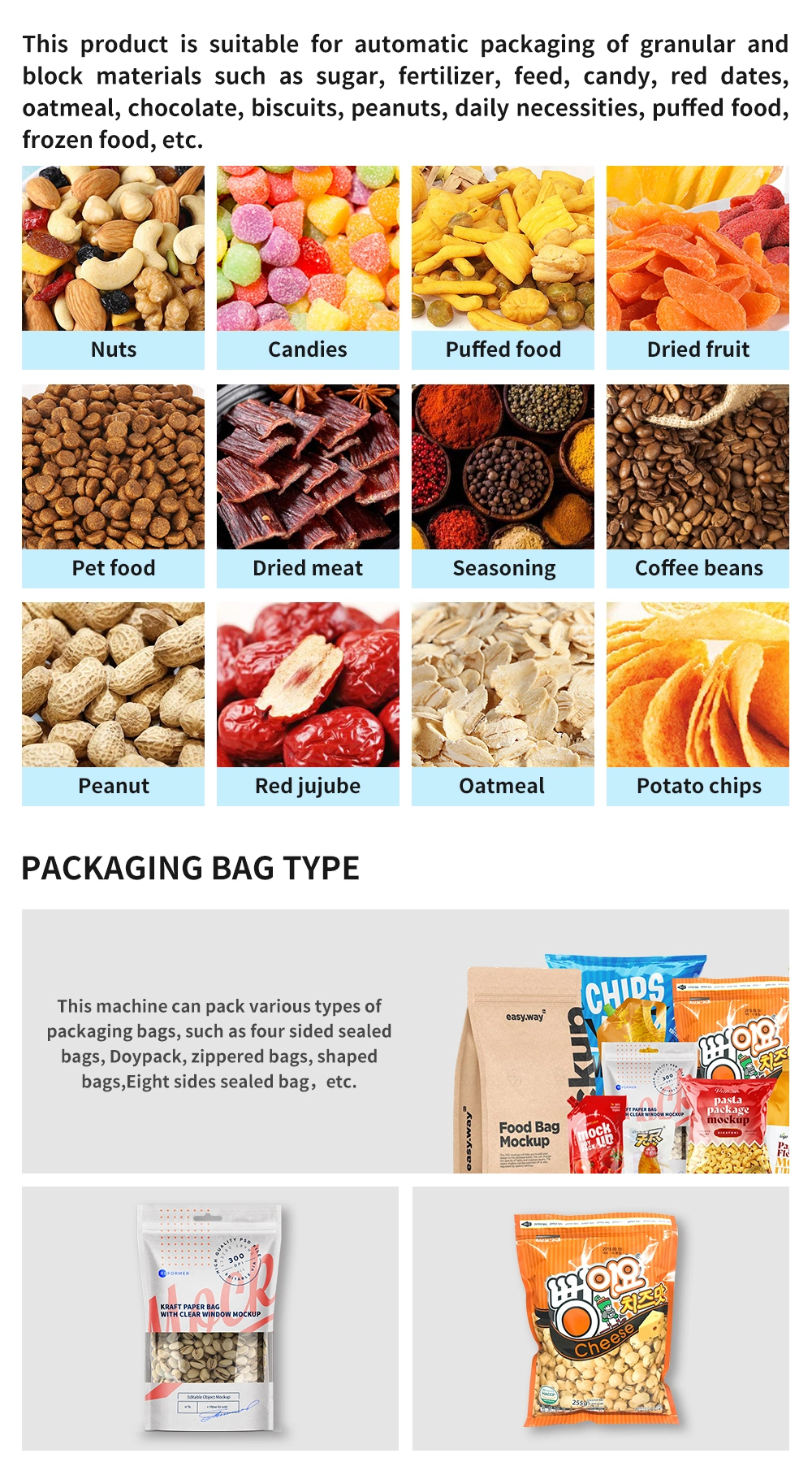 Automatic Electronic Combined Scale Nuts/Cabdues/Puffed Food/Dried Fruit/Pet Food/Seasoning/Coffe Beans/Peanut/Oatmeal/Chips/Meat Packing Machine